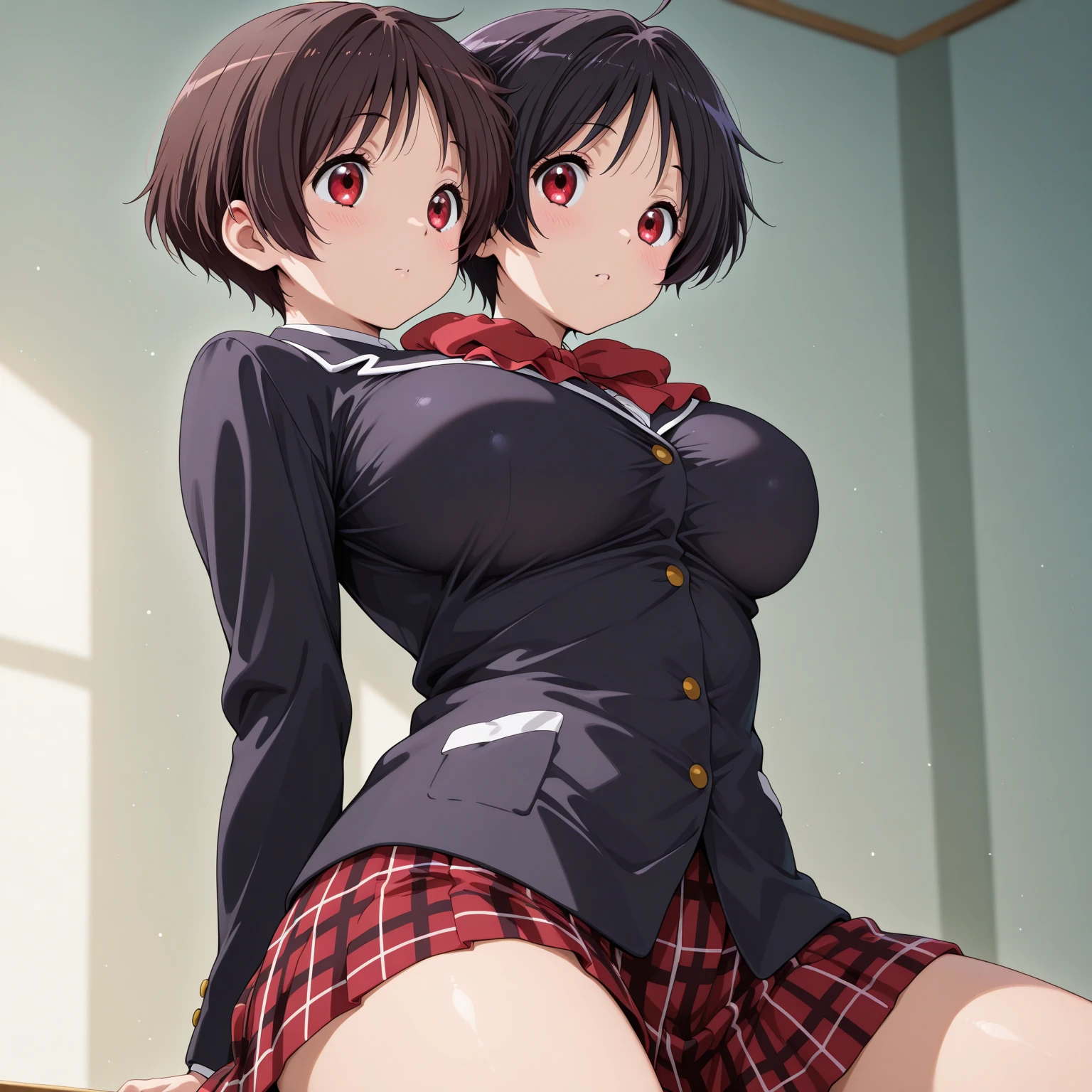 masterpiece, Highest quality, High resolution, Ichigoya, alone, ,  Red neckerchief, ,  ,pubic hair、Nipples、Areola、Thighs、Navy knee-high socks、High resolution、Legs wide open、School、Desk and chair in the background、Ultra-realistic、Realistic、Embarrassed、Short Hair、Open your feet wide、