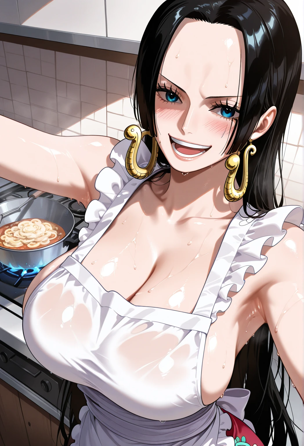 source_anime,score_9,score_8_up, score_7_up, 1girl,solo,outdoors,one piece, mature woman, boa hancock, long hair, very long hair, black hair, shinny hair, apron, naked apron, smile, parted lips, blush, Embarrassed, side , armpit, kitchen, indoors,