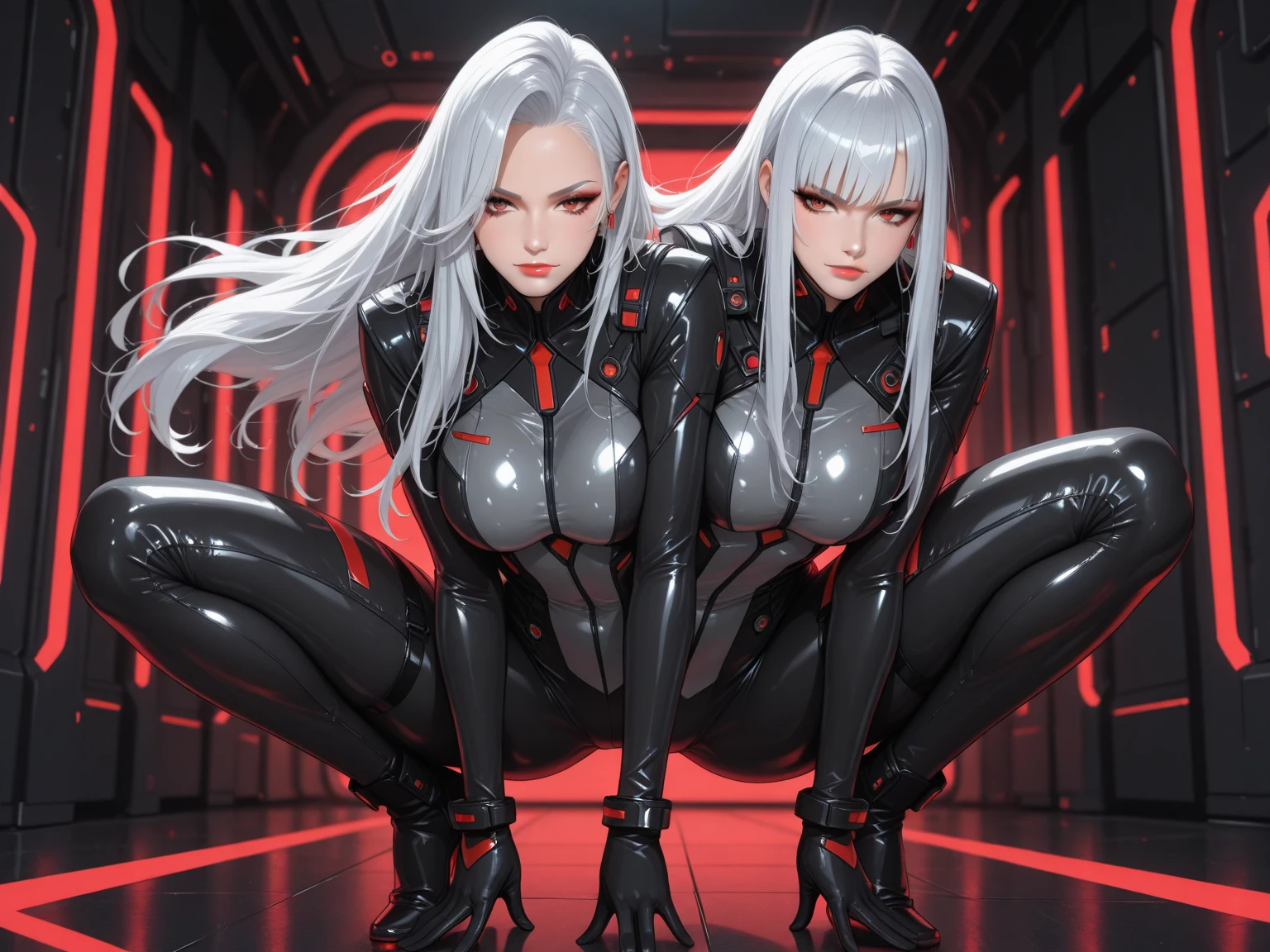(highly detailed 8k wallpaper), best resolution, (2heads:1.5), 2heads, anime girl with two heads, white hair, red eye,(masterpiece, top quality, best quality, official art, beautiful and aesthetic:1.2), (1girl:1.3), (fractal art:1.3),absurd, masterpiece, best quality, realistic, hyper-detailed, (shiny skin, sweaty:1.4), looking at viewer, slender, solo, skin tight outfit, long hair, white hair, red eyes, (thick thighs:0.5), gap in between thighs, dynamic lighting, high resolution, sharp focus, depth of field, medium breasts, masterpiece, best quality, ultra-detailed, illustration, ultra-detailed face, best quality face, studio, white room backdrop, sexy pose, cute, kawaii, digital art, finely detailed eyes, blushing, red cheeks, realistic, glowing eyes, plug suit