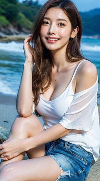 ((Best Quality, 8k, Masterpiece:1.3)), Focus:1.2, Perfect Body Beauty:1.4, Buttocks:1.2, ((Layered Haircut, Breasts:1.2)), (Wet Clothes:1.2) , (Rain, seaside:1.3), Bandeau Dress: 1.1, Highly Detailed Face and Skin Texture, Fine Eyes, Double Eyelids, Whitened Skin, Long Hair, smiling and dancing