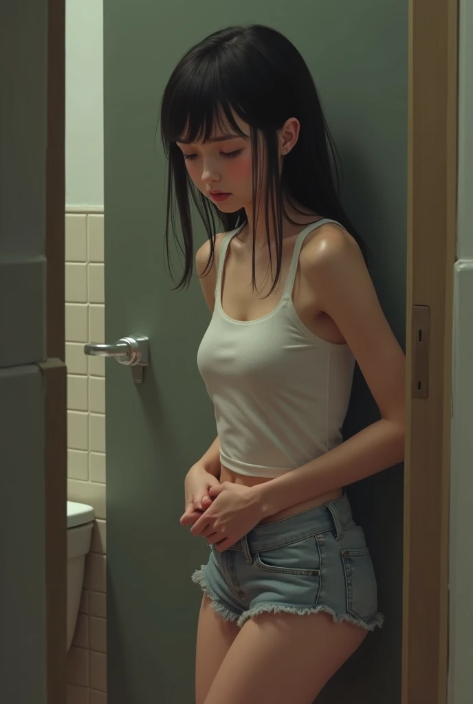 A 2 Indonesian girl in a white button down shirt and jeans shorts is standing in the bathroom squeezing her breasts..