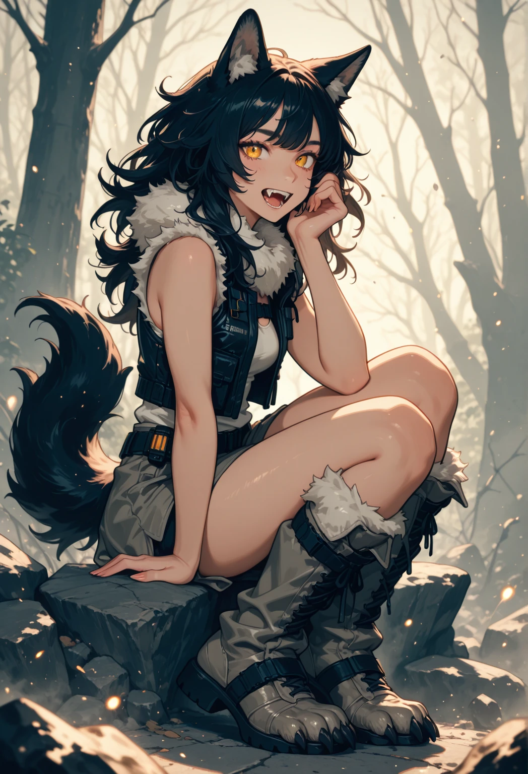 sitting in front of campfire on log, female, 30 years old, happy, mouth open with tongue hanging out, black leather jacket, anthro, wolf ears, (black fur:1.5), wolf, forest background, 8k, hi res, (best quality, masterpiece), (wolf tail:1.5), detailed fur, solo, looking at camera, night, leashing and collar, body fur, breasts
