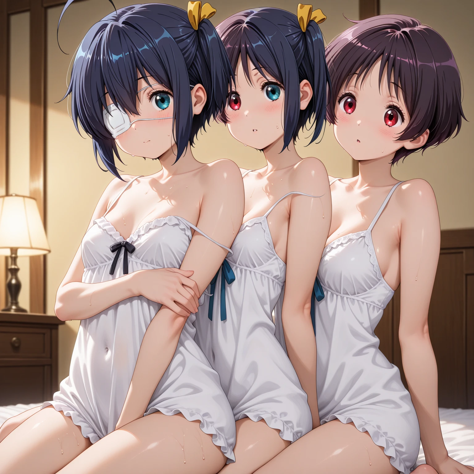 ((masterpiece, best quality, ultra quality, high quality, hyper detailed, intricate detailed, perfect anatomy, shiny skin)), ((upper body:1.2)), (three women are posing for a camera:1.4), (indoors, bed, pillow:1.2), (Lift up your camisole), (full nude:1.4), (smile, shy, red cheek, blush:1.2), (Open your mouth:1.6), (Stand in line) , brown hair, blond hair, navel, jewelry, looking at viewer, necklace, long hair, short hair, Abdominal muscles, straight hair, bob cut, blunt bangs, silky hair, hair clip, hair band, hair ribbon, one-length haircut, ducktail, outward curled hair, French twist hair, twintails, side ponytail, single braid, wavy hair,