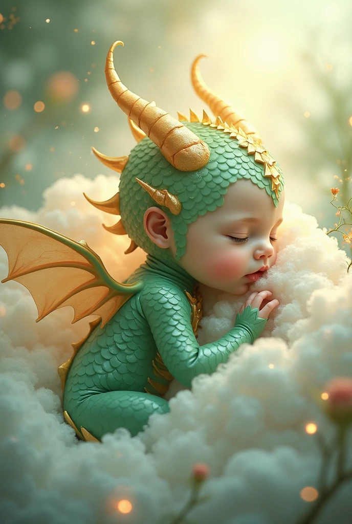 detailed art. masterpiece. Newborn baby with very short navy blue hair. The baby has two small black horns on its head.. The baby&#39;s horns are similar to Maleficent&#39;s, but much smaller. The baby has white skin. Baby has slightly pointed fairy ears. The baby has a pair of wings that look like crow wings that are just forming on its back.. The wings have black feathers. The baby is asleep. The baby is dressed in fairy clothes. The baby is lying inside a hollow log, surrounded by leaves.  The environment where the baby is must be magical
