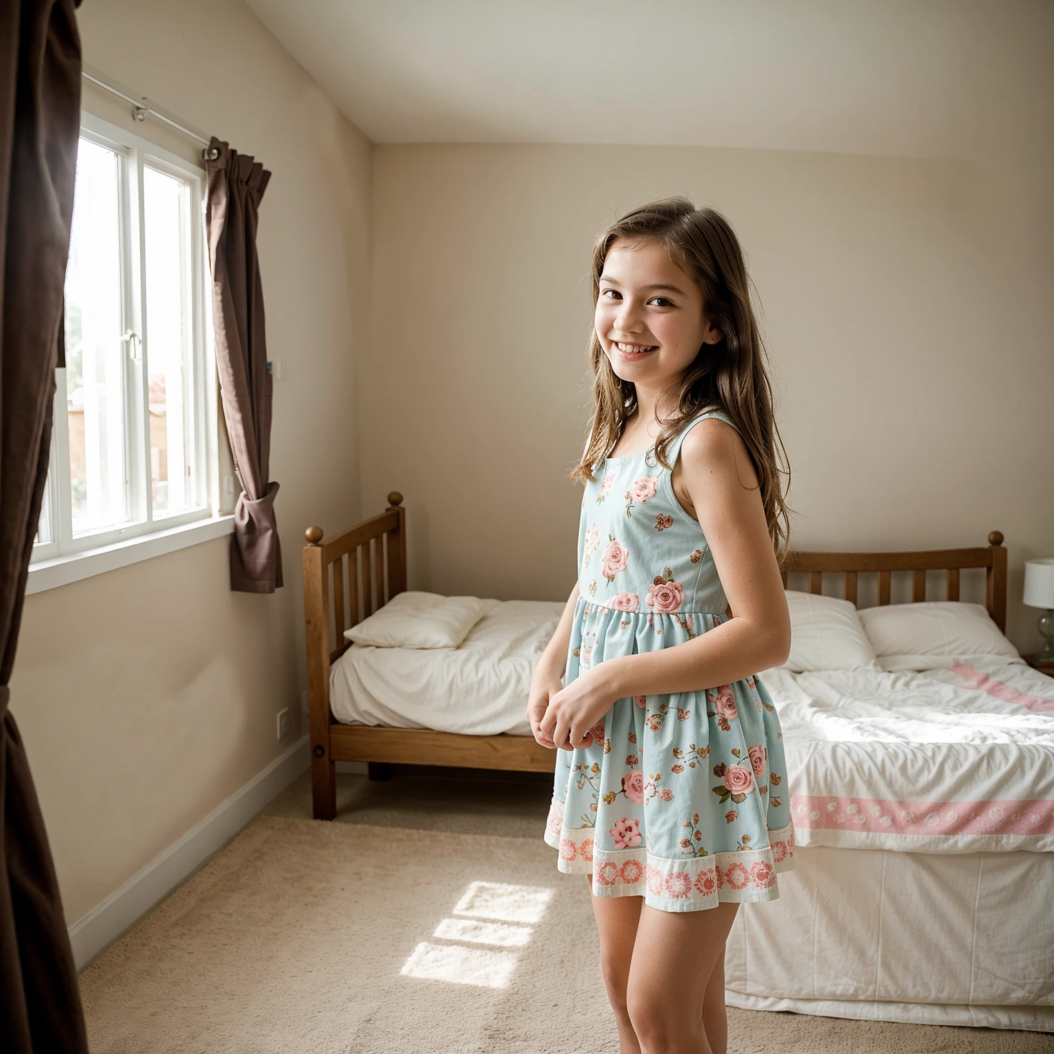 9 year old girl, blonde hair, wearing a red lace cute dress, in a living room, side view