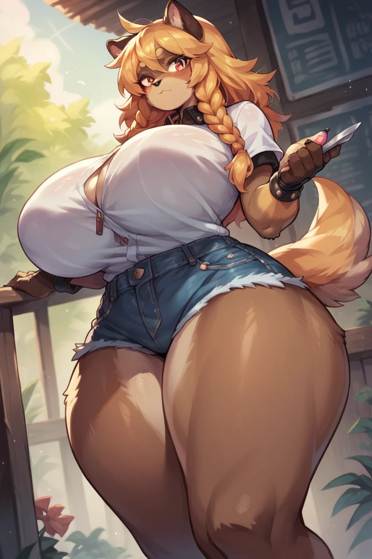 (anthro, fluffy fur, character focus:1.1), 1girl, anthro dog girl, body fur, solo, beautiful_breasts, (thick thighs:0.3), curvy,in the garden (blue_clothes) female canine anthro, cute skin Curvilinear, smallest_skirt