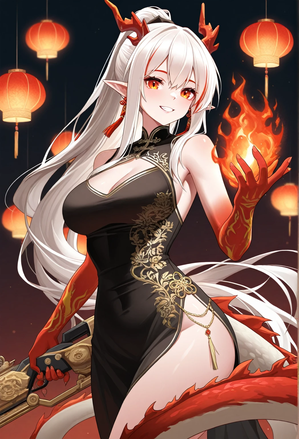 ((Masterpiece, Best quality, Ultra-detailed, A high resolution)), 独奏, a beauty girl, sparkle eyes, perfect eyes, 30 age old, Full-body close-up with black and white gold themes,There are floral ornaments on the thighs,The dragon girl is cold,East Sea Dragon King,Delicate feet,Dragon Zen Crown,It has a Chinese flavor,Chinese style,Jade foot,Beautiful painting style,Elegant posture,Dignified and beautiful,There is a royal temperament,Coil your hair,Handmade,Dragon pattern on shoes,Hold the ice jade fan in your left hand,Hold a sword in your right hand,dynamic viewing angle,Chinese ink painting,Dragon crown on the head
