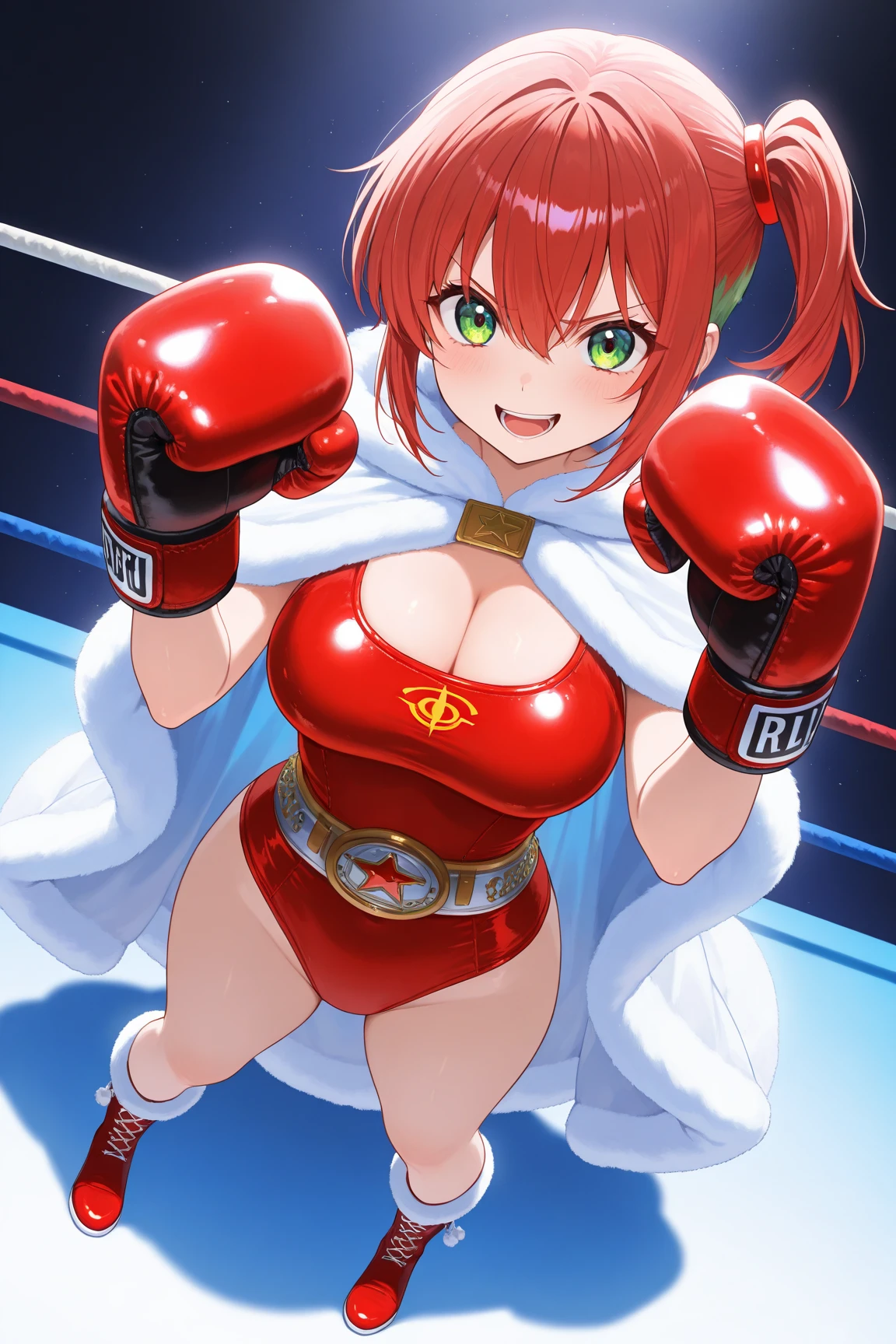 masterpiece, best quality, xmasManuela, christmas, ribbon, red collar, fake antlers, fake animal ears, cape, fur trim, red leotard, brown gloves, fishnets, boots, snow, view,Juno,bikini,((Tight leotard)), ((sexy pose)), ((Wrestling ring)), seiza, looking at viewer, large breasts, smile
