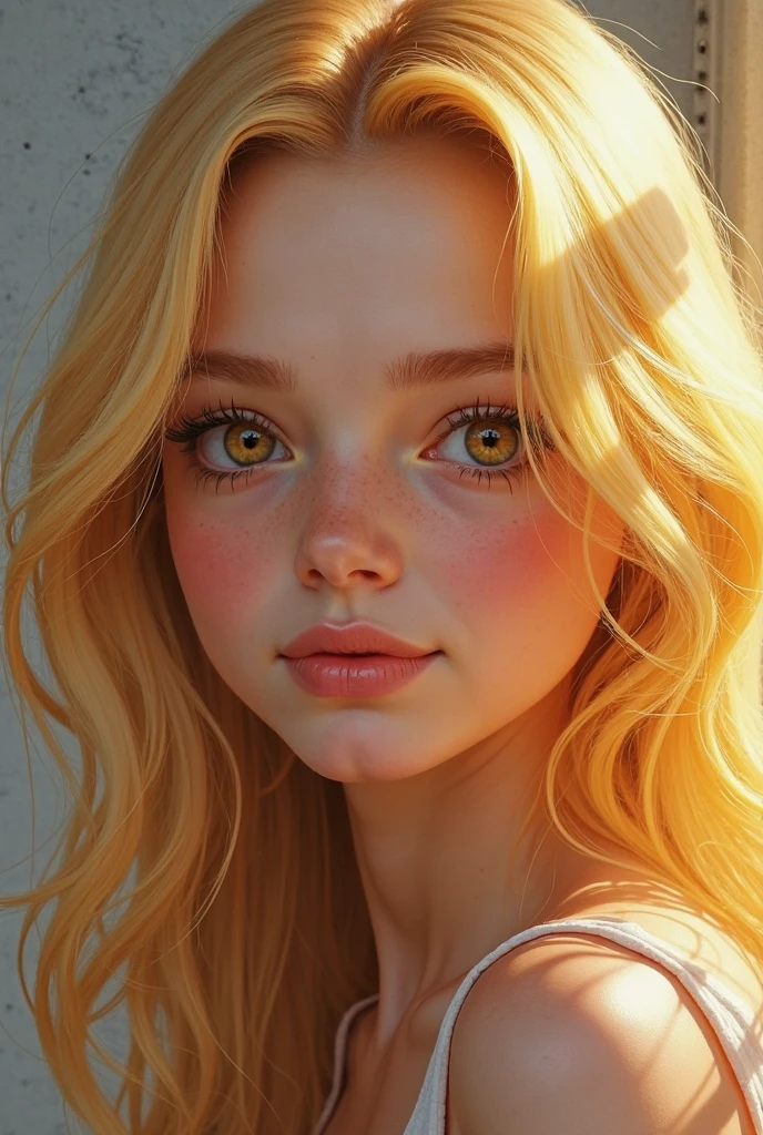Beautiful woman with long curly blonde hair, yellow eyes, long nose and freckles wearing a red striped t-shirt