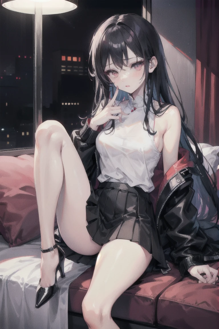 Attention to detail, high quality, high resolution, 4K, 8K, raining outside the window, the window is floor-to-ceiling glass, she is inside the coffee shop, she has long black hair, she is relaxing, she is drinking coffee, she has beautiful eyes, black eyes, casual cloths, warm atmosphere, calm atmosphere