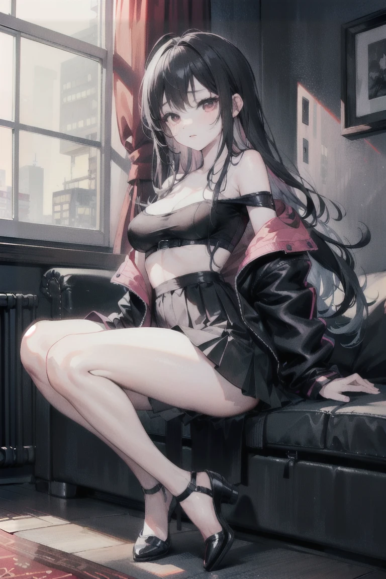 1 girl, Black hair with red, Red eyes, very sad, rain, Necklace, skirt, knee-length stockings, 8k HDR