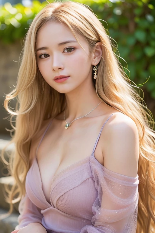 ((Highest quality, 8K, masterpiece :1.3)), Sharp focus :1.2, Beautiful woman with perfect figure :1.4, Slim Abs :1.2, ((Big Breasts, Emphasize cleavage:1.3)), (Photorealistic:1.4), (realistic:1.4), (Blonde:1.5), Highly detailed face and skin texture, Fine grain, double eyelid. Makeup face. A little bit of lipstick, necklace, Earrings, sex appeal, Sexy gravure pose, ((Sexy woman in purple silk gown。A mysterious look in the garden at night、Gently touch your long wavy hair。:1.3)