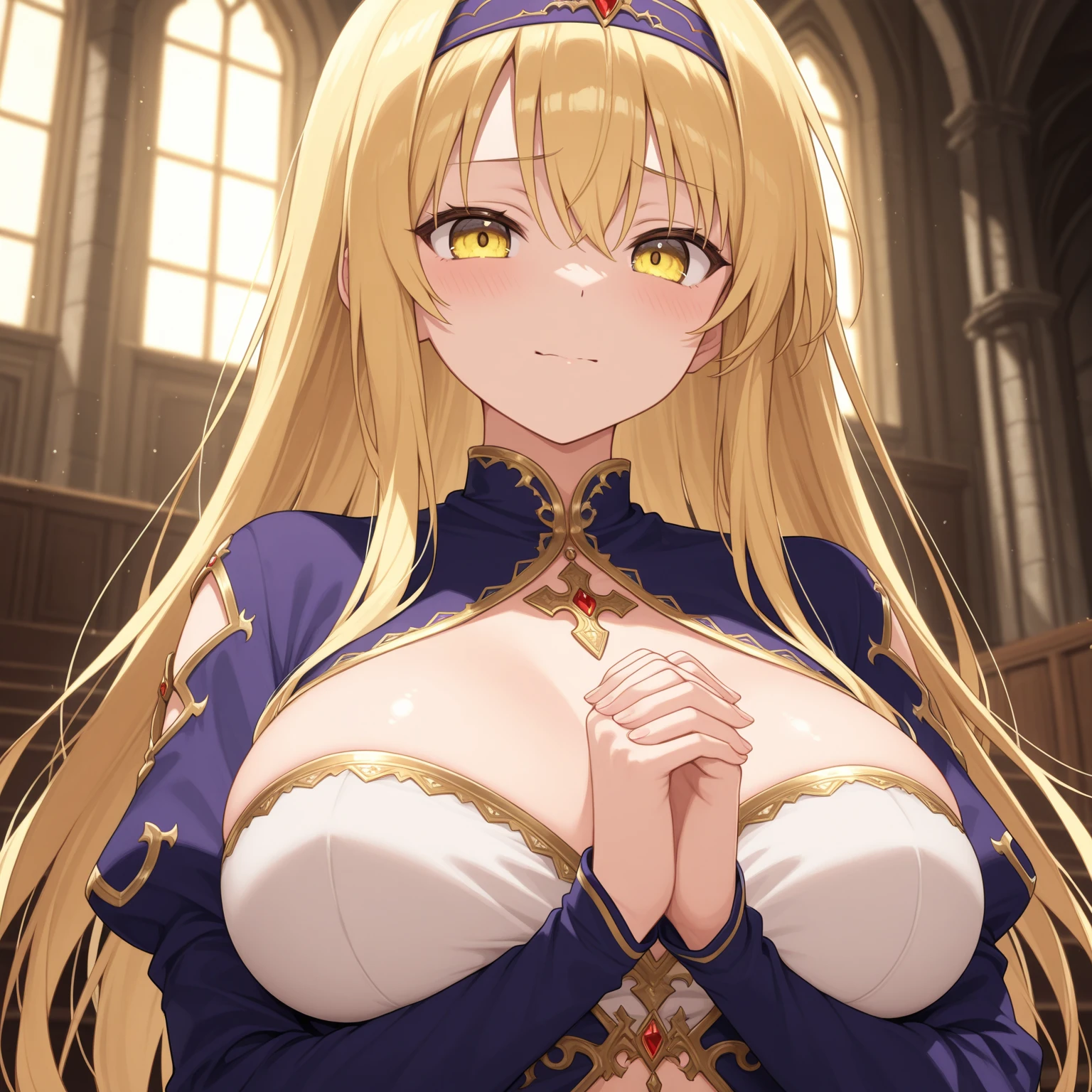 masterpiece,8K,A woman with big tits,Gorgeous woman,transparent,Long blond hair,big hair,((hime cut)),Gorgeous jewelry,Crystal Hair Accessories,Cleavage,pubic,In front of the altar of the majestic church、(Blurred background)、Brighter light,(Elegant gloss)、Lots of ribbons、((Puffy sleeves))、Long cuffs,Multi-button、Gold embroidery、Long trains、White embroidered gloves、Five fingers、red cheeks,