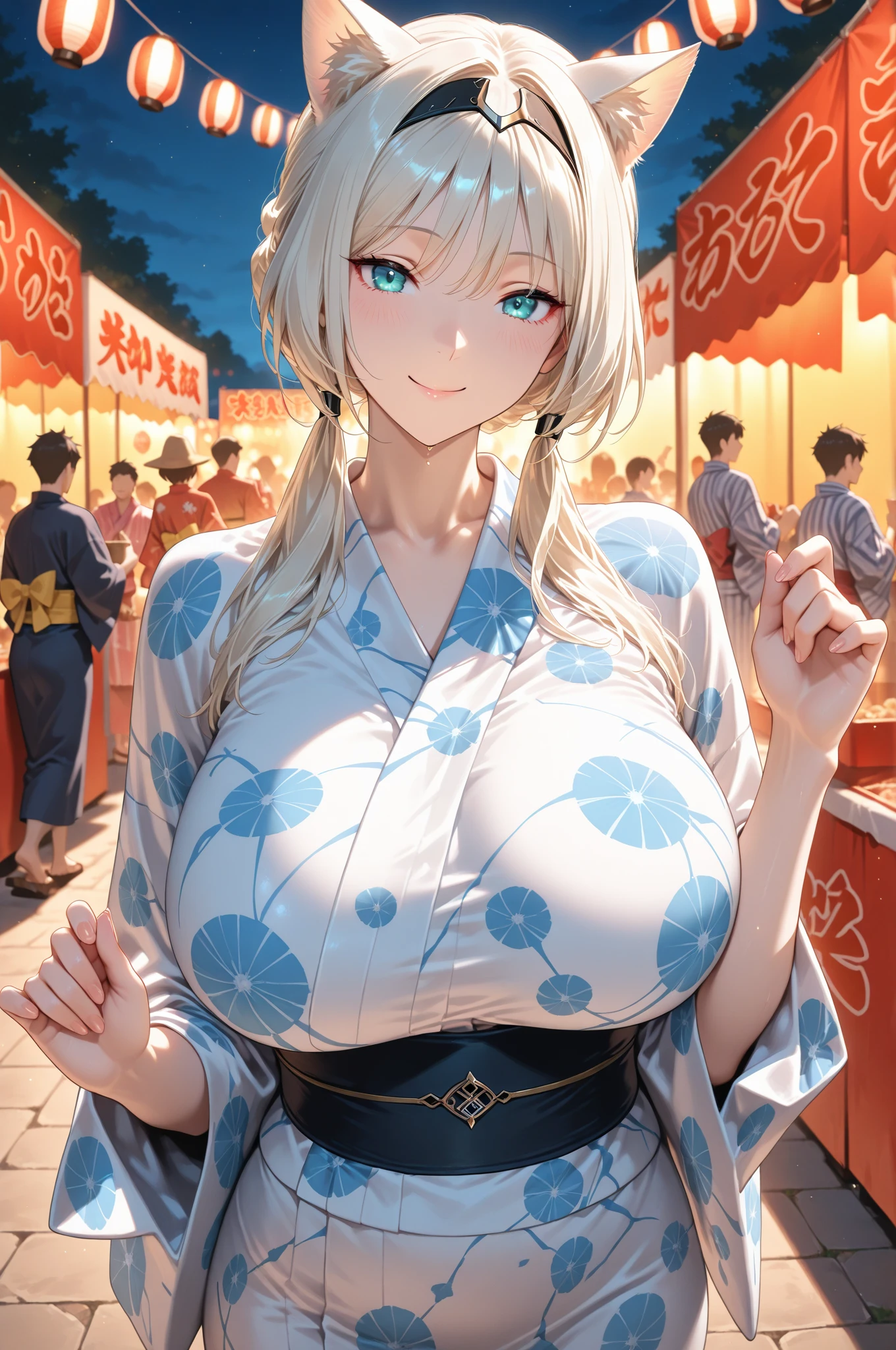 (((masterpiece, best quality))), (((superior quality))), cute girl, ((extremely detailed girl)), ((huge breasts)), (yukata), (bare shoulders), strapless top, slight smile, twin tail blonde