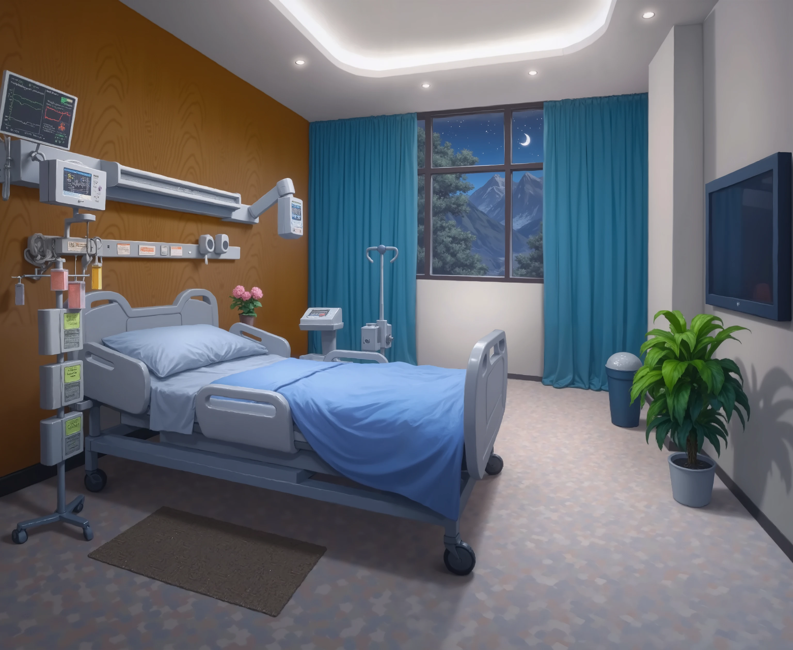 An art style that preserves the original picture,An ICU,The floor is square textured tiles,A medical cabinet and heart rate detector are placed in front of the hospital bed。A ventilator is placed behind the bed,Dark green curtains,Two pots of greenery are planted on both sides of the curtain,The nurse's hand push medical cart is placed outside the window。