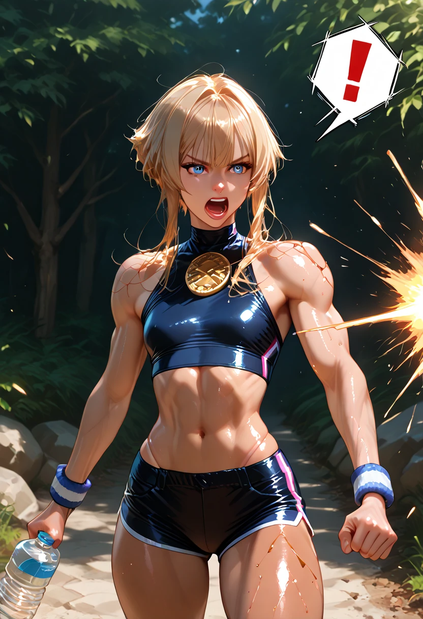 Exaggerated blond hair, shiny and healthy wheat complexion, female warrior, gorgeous fighting posture, super beautiful shining eyes, shy eyes, plump breasts exposing cleavage and navel, well-developed muscles, wearing a sports short-waisted top and super short Hot pants, shirt and shorts were badly torn.  He slipped backwards and fell to the ground.  He accidentally opened his legs, and a large amount of thick white liquid came out from the inner thighs.      The wet body shows a pained expression, a full-body image presented in a hyper-realistic style.
     Coupled with the strong light and shadow effects, the character outlines are clearer and the muscle lines are more prominent, showing a stronger three-dimensional sense, (8K, real-time, highest quality, masterpiece: 1.4), ultra-clear web page, (lifelike, lifelike: 1.48 ), Masterpiece, Best Quality, Ultra Detailed, 8K, Detailed Lights, Detailed Shadows, Original, (Detailed Skin), (Photorealism: 1.2)