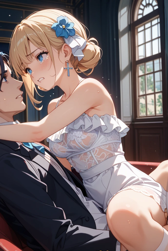 Man waltzing with girl in white slip dress