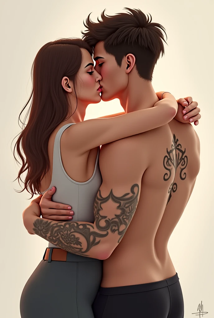A strong white man with a defined body and black hair, with a dragon tattoo on his arm, he is hugging a thin woman with light brown skin and short white hair with violet eyes and she has Asian features