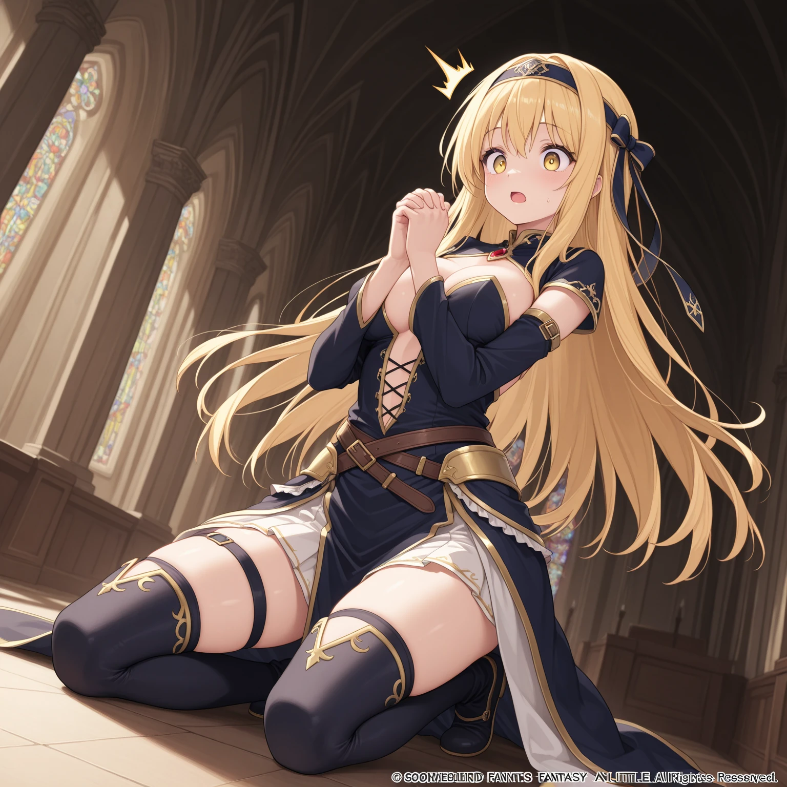 1girl,solo,(gold witch:1.4),(cowboy shot),standing,(blonde hair:1.2),long hair,(straight hair:1.2),forehead,center part,(purple eyes:1.2),(beautiful fingers:1.4),(perfect anatomy:1.4),(arms_behind_back:1.6),(cold_shoulder:1.4),BREAK,(gold leotard:1.6),(leather lace glossy silk lamé:1.6),(latex luster shiny glossy metallic:1.6),(shiny_clothes:1.6),small breasts,beautiful breasts,masterpiece,best quality,(Ultra high definition eyes:1.2),8k,(Beautiful detailed eyes:1.2),(Fine and beautiful eyes:1.2),(pretty eyes:1.2),finely detail,extremely CG, absurdres,high resolution,illustration,Detailed and beautiful outlines,finely detail,high resolution,(colorful refraction:1.4,Increase saturation:1.2),beautiful lighting,dynamic lighting,closed room,black background,simple background, smile,looking at viewer,Ro Christus,(gold capelet),(gold garter belt:1.2),(gold thigh-high socks:1.6)