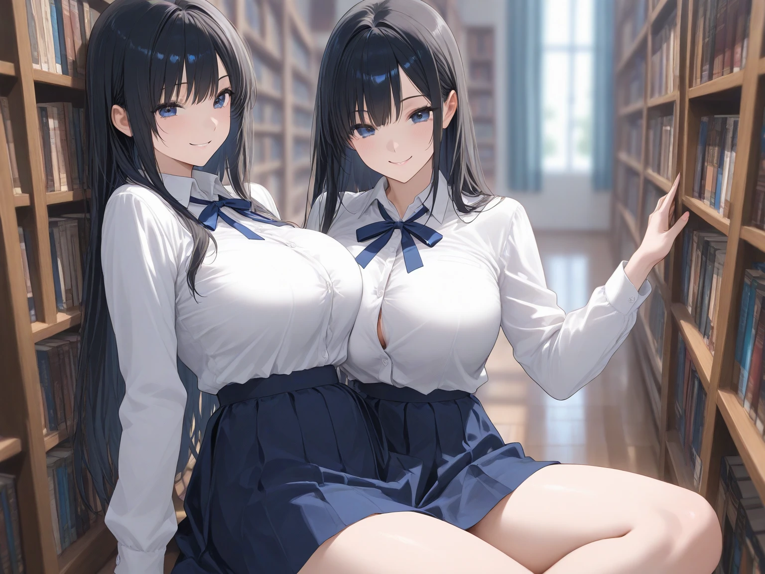 absurderes, 8K ,A high resolution, Ultra detailed, Beautiful, Masterpiece, Best quality, (Beautiful and delicate silver eyes), (3girl) ,Three sexy beautiful teens in office OL (Office Lady),white button-down blouse，There is a collar,Black Slit Skirt,(Black pantyhose),Long legs ,Detailed legs,High heels,Side ponytail , bangs,full bodyesbian,Big breasts,cleavage,Cyan hair，Blue hair，Black hair，Blush，