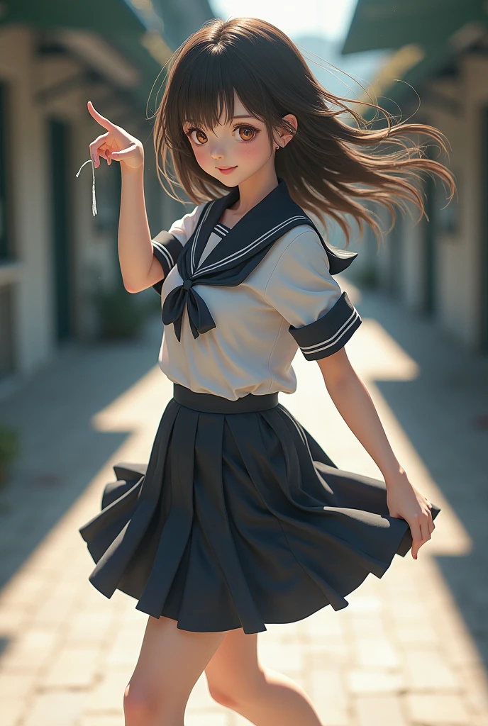 High angle shot, panty shots, cute schoolgirl, Japanese schoolgirl uniform, surreal schoolgirl wearing Japan uniform and wearing Japan school uniform, surreal schoolgirl, schoolgirl in uniform, girl in uniform, girl in uniform, Full body of schoolgirl posing in school uniform., beautiful skin, shiny skin, nice thighs, shiny thighs, shiny legs, barefoot,