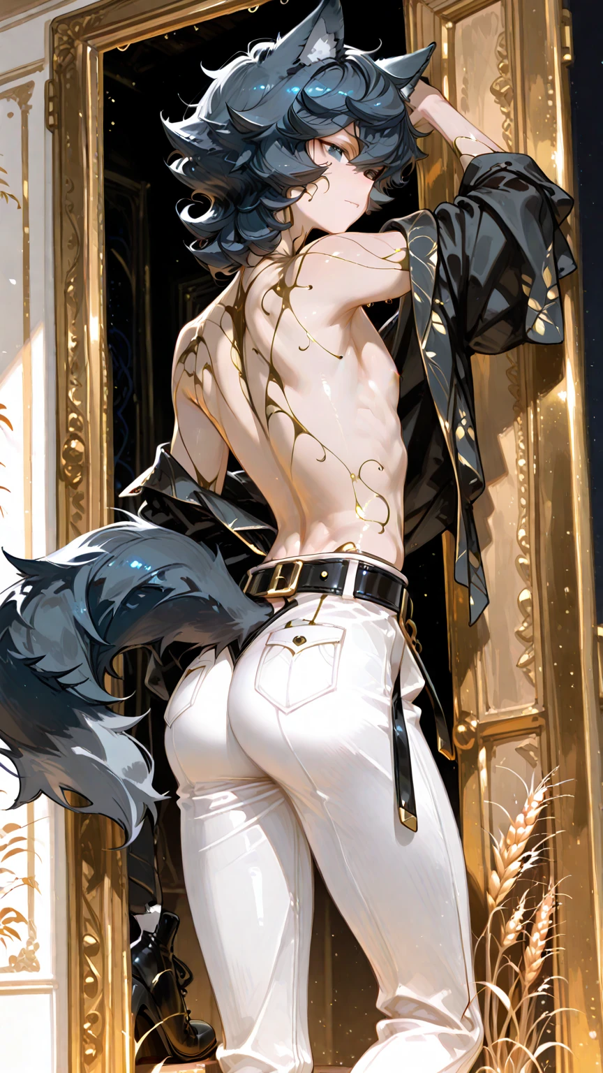 male, felid, Thin body type,Braided hair, Pierced ears, ear ring, bed room, presenting hindquarters, Rear view, backsack, tails, Humanoid