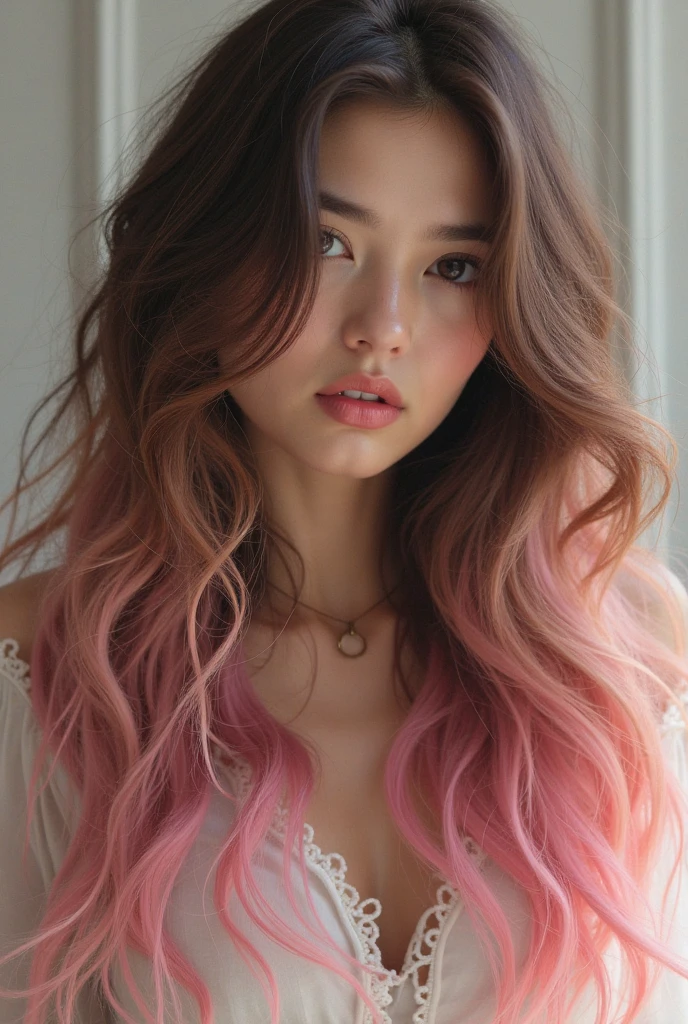 BEAUTIFUL BRUNETTE WOMAN WITH PINK HAIR. sexy blouse, REAL AND SIMPLE SCENARIO. A real woman, NOT LOOKING LIKE A MOVIE STAR. A SIMPLE EVERYDAY WOMAN, but beautiful