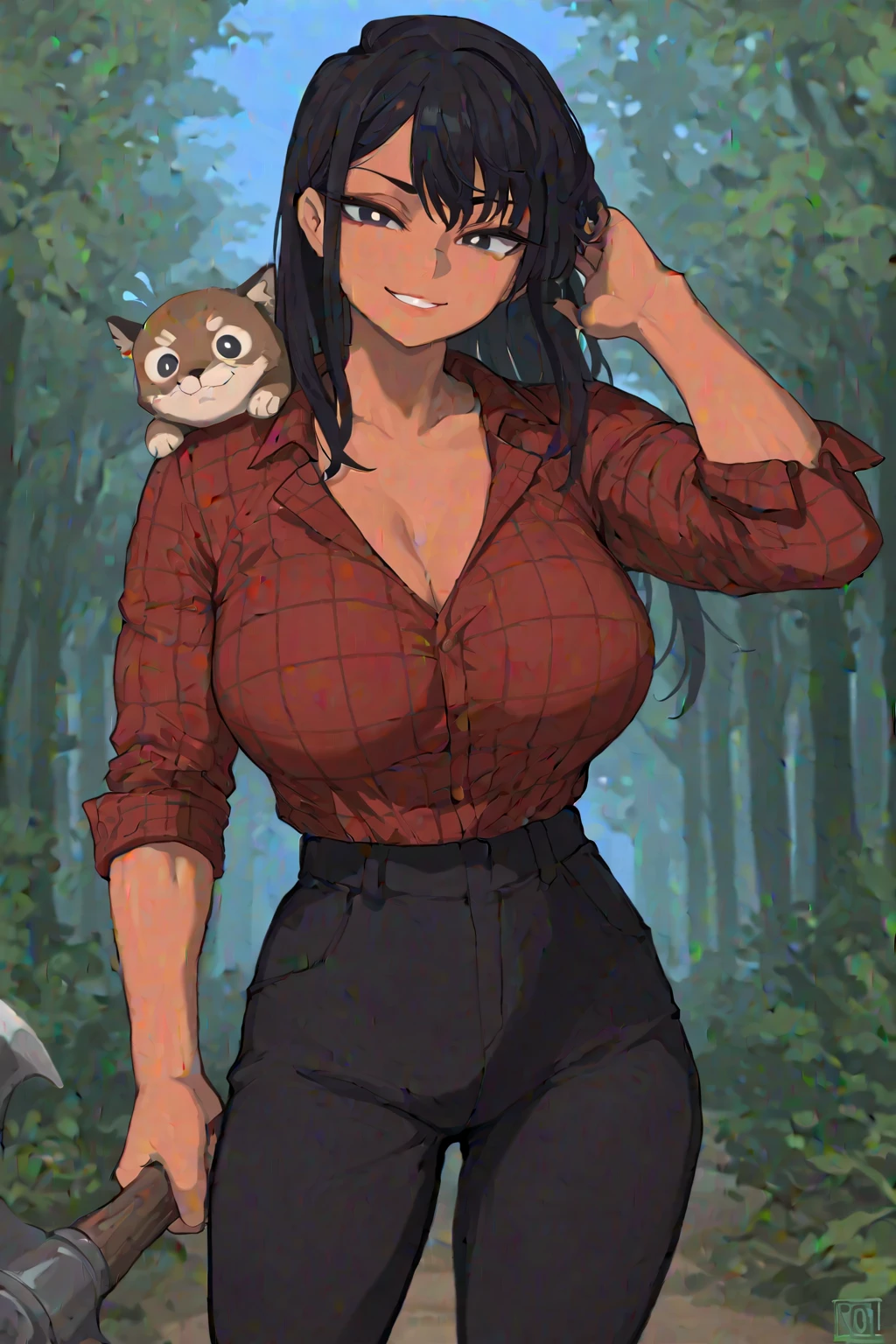 By bebebebebe, by lostgoose, by goonie-san, female, ((canine, snout, hair covering eyes, straight hair, medium hair, flat hair, ears, thin snout)), brown fur, big poofy tail, raised tail, dark maroon hair, (muscular, big breasts), solo, smiling, happy, standing, cleavage, steel armor, fantasy armor, pink cloak, forest, pants