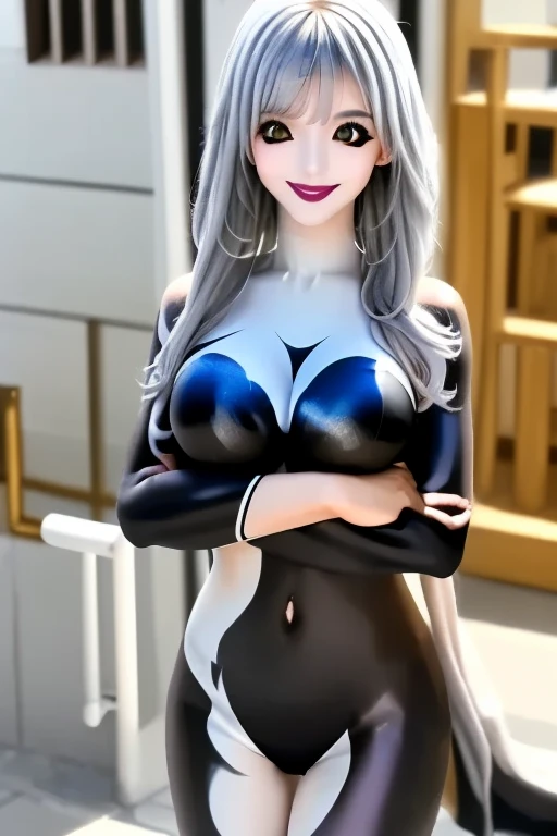 1girl, white hair, headband, medium breasts, wide hips, cleavage cutout, long sleeves, gloves, thighhighs, Knick knack, sunny miami, doll, bimbo, narrow waist, sunglasses, teeth, yorha no. 2 type b, <lora:Sunny:0.9>