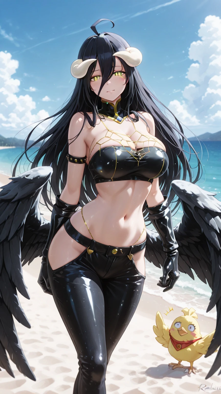 masterpiece, best quality, highres, aaraynare, long hair, black hair, black wings, choker, o-ring, shoulder armor, pauldrons, spikes, black bikini, belt, elbow gloves, black gloves, midriff, thighhighs, standing, smile, cowboy shot, outdoors,