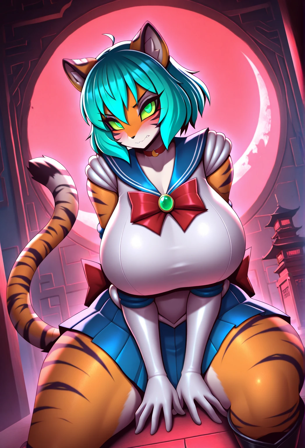 sexy, cat girl, tiger stripes, dancer, black hair, blue eyes, slender, stars, aviator goggles