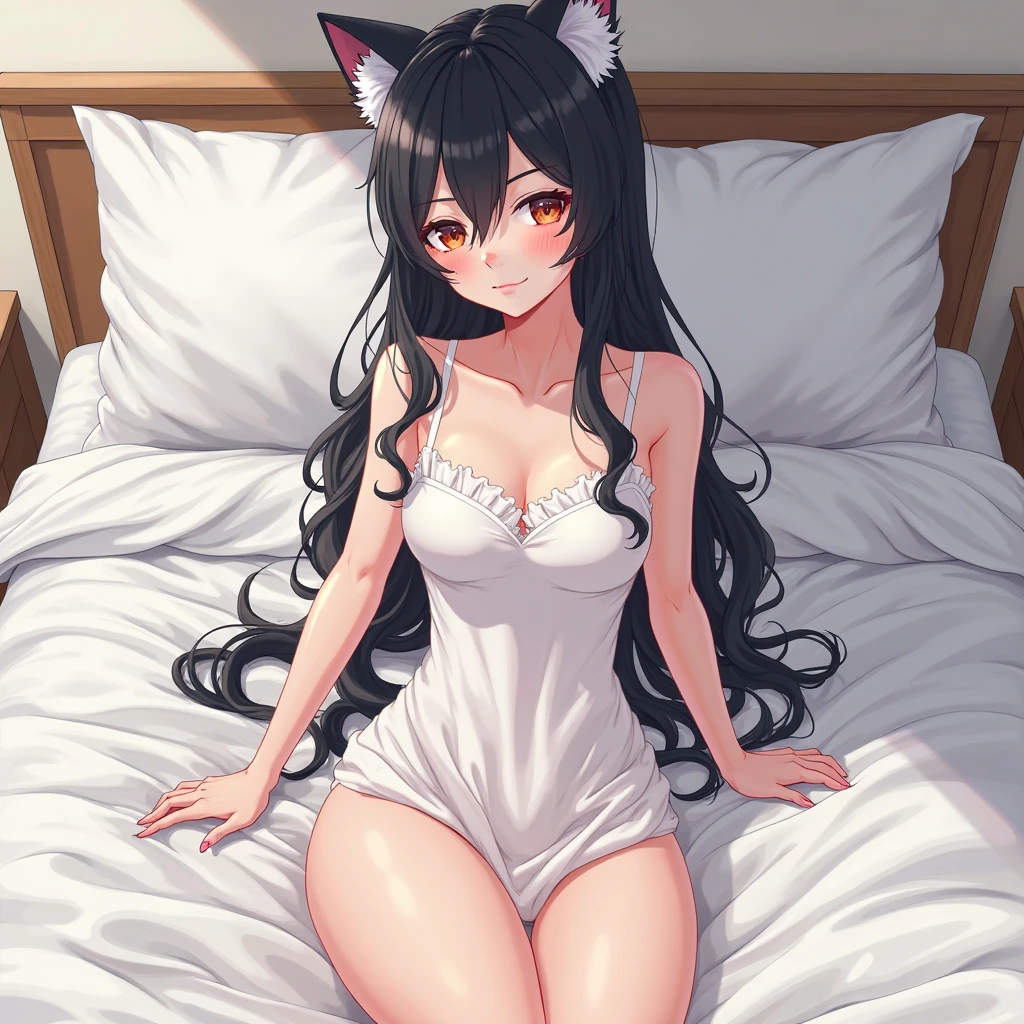 20 years old anime wolf girl with black hair, laying on the couch and ears back