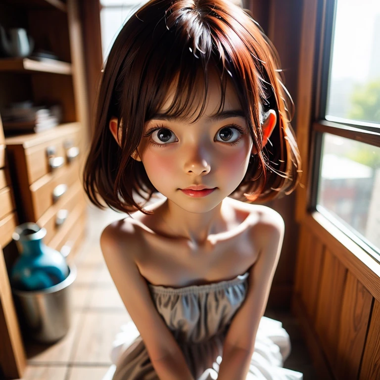 Ultra High Resolution, (Realistic: 1.4), RAW Photo, Best Quality, (Photorealistic), Focus, Soft Light, ((10 years old)), ((Japanese)), (Front, Young Face))), (Depth of Field), (One Piece), Masterpiece, (Photoreal), Woman, Bangs, (( off-the-shoulder top, Bedroom, 1 Girl))