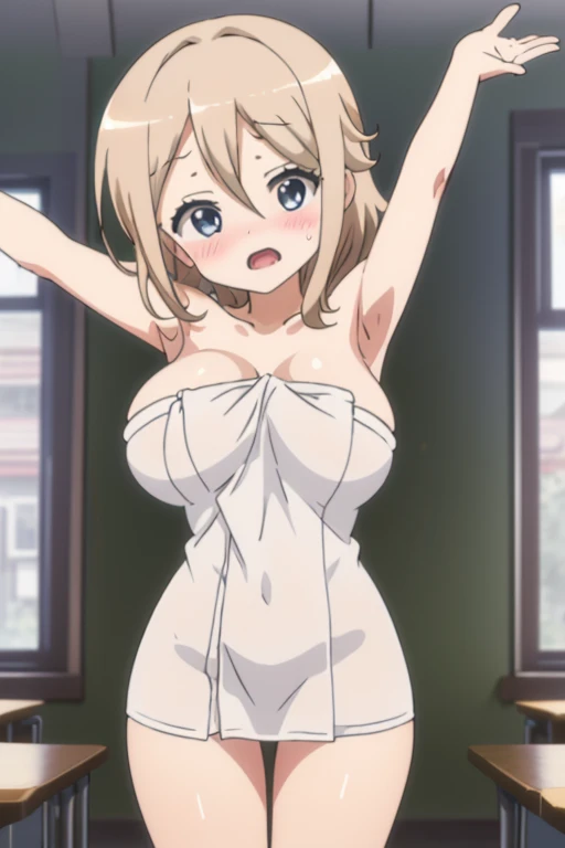 look, 1 girl, alone, bed,hair ribbon, In underwear,white ruffle bra,white panties, clock, garter strap, Thighhighs, teeth, closed one eye, open your mouth, 1990s (style), cleavage, 視聴者をlookいる, leaning forward, cowboy shot, retro artstyle,