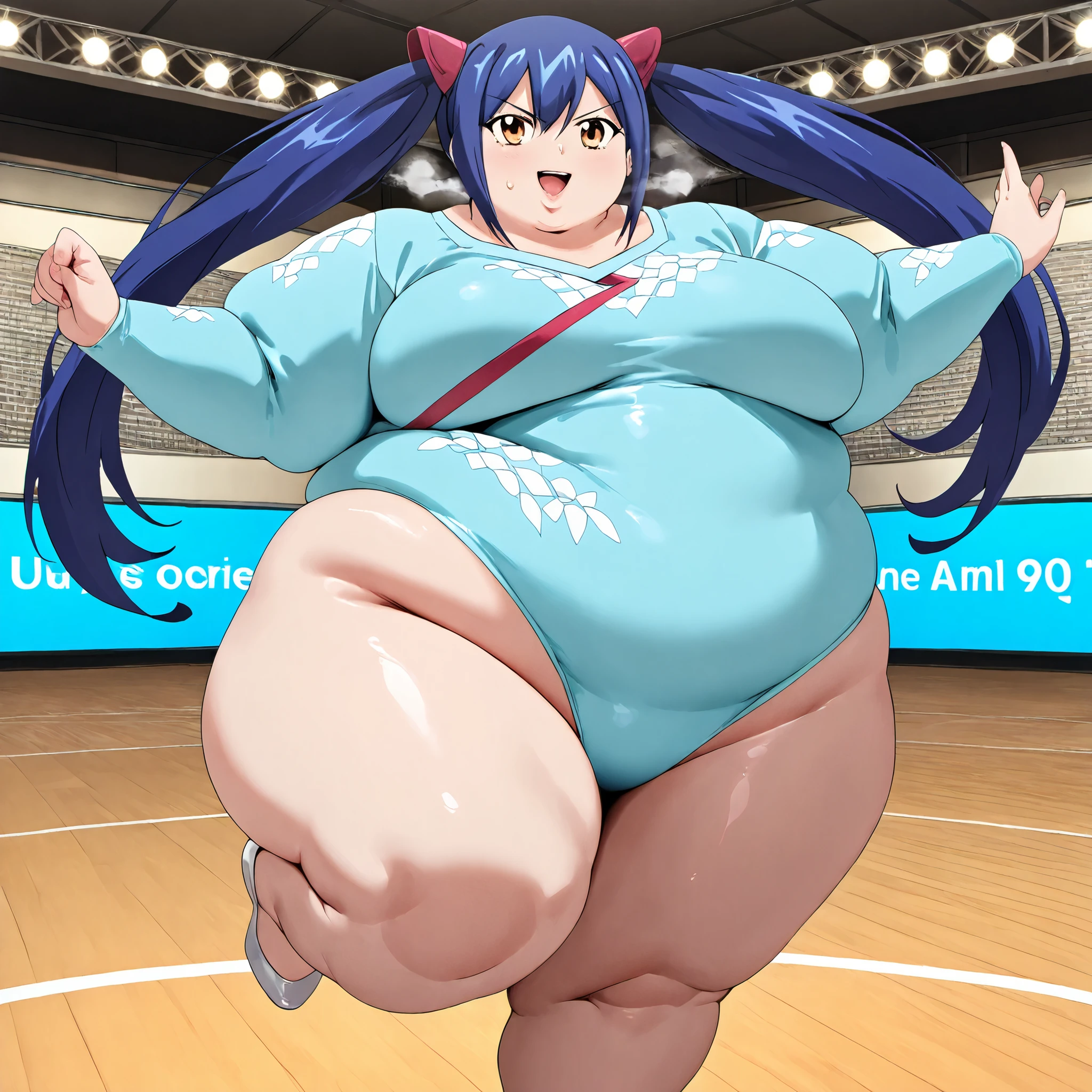 ((1 male)) Solo ,Neuvillette as a Sumo Wrestler , long hair Multicolored hair, White and blue hair, hair Styled in bun,Pointed ears, Morbidly Obese!!!, Background:Arena:1.5, ((Wide Hips)), Thick thighs, ((fat butt )), huge belly!!