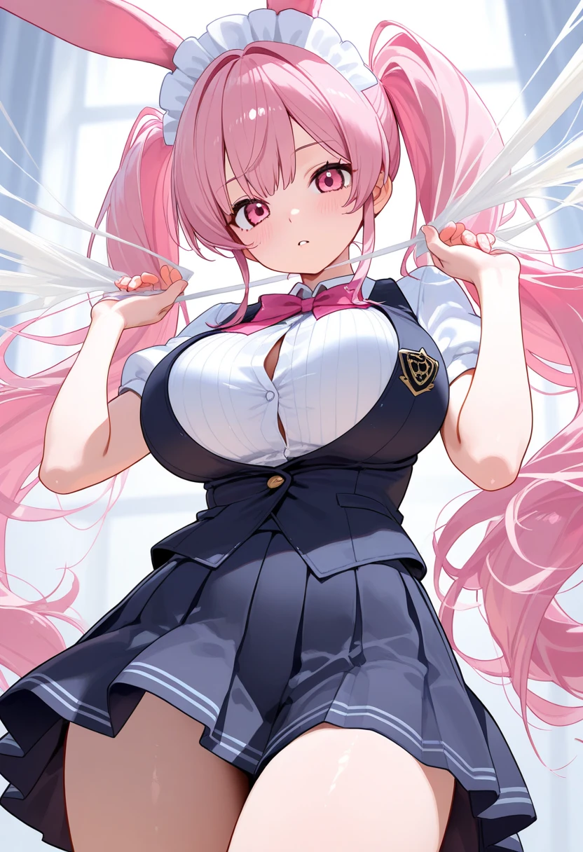 one woman, pink hair, gyaru, canine, aquamarine eyes, Double bun , navel, manicure, curly long hair, neat white uniform, piercer, mischievous laughter, cleavage, cute, short pink skirt, very large breasts, Long, thin, slit eyes, Stretch your mouth and laugh