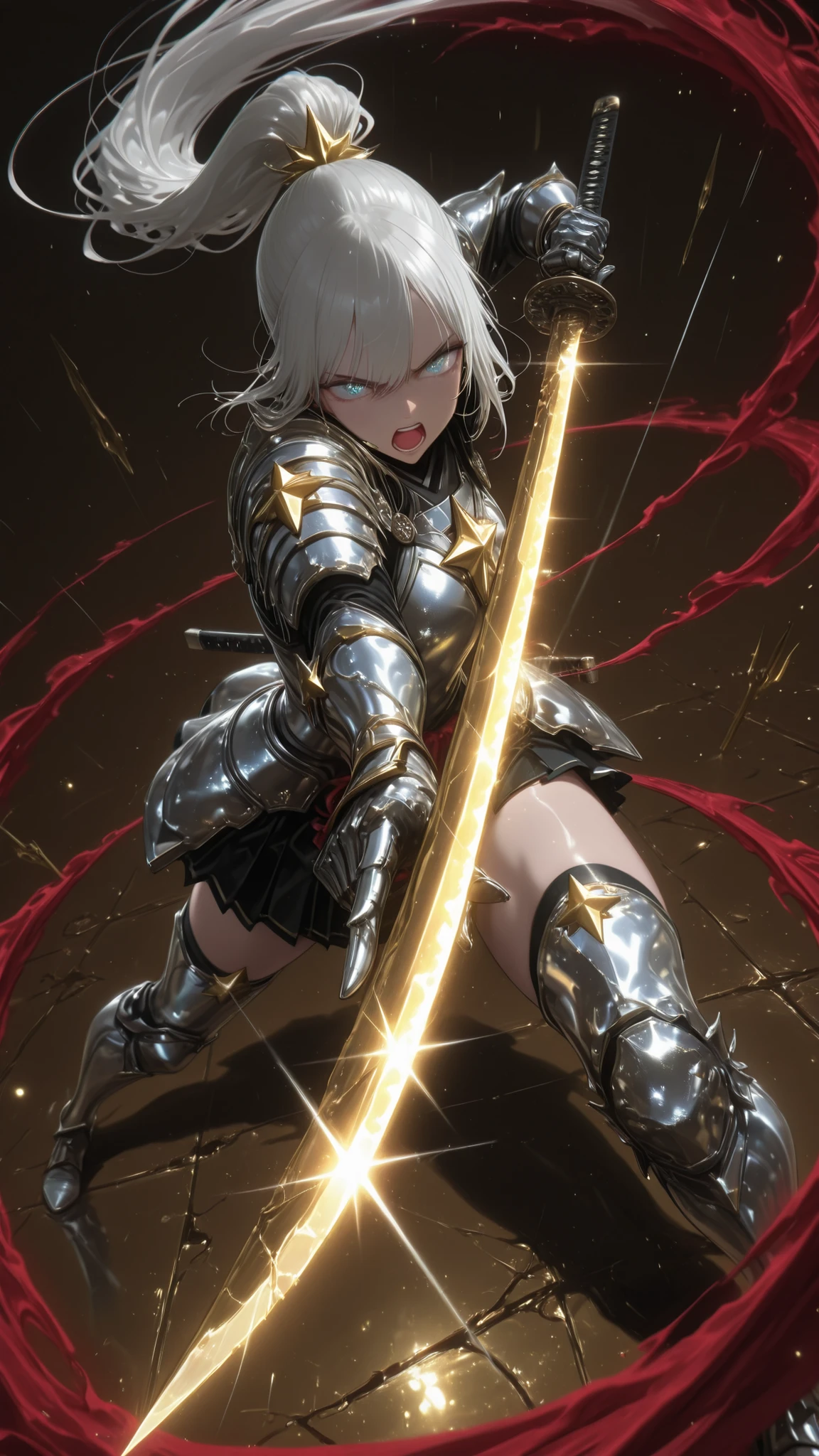 ultra high definition, perfect quality, Fine Details, 1girl,(solo:1.3),(Japanese Sengoku style metal armor),silver armor,Short Skirt ,long ponytail hair,Floating long hair,Angry emoticon,Open your mouth,
holding a katana, pointing melee weapon,(Slash pose,Attack Stance,Dynamic posture:1.3),(katana focus,focus perspective,attack trail:1.3)
gold jewelry, Heroic temperament, Battle Atmosphere, reflective metal surface , silver armor, Bright Lighting, (simple broken steet background:1.3),SHINING LIGHT , gorgeous, Magical Particles, seductive aura, flowing fabric physics, intricate gold jewelry,(Reflective Blade,Massive Diffraction Cross,Dazzling spots of light that look like a guardian star surround the girl:1.21),