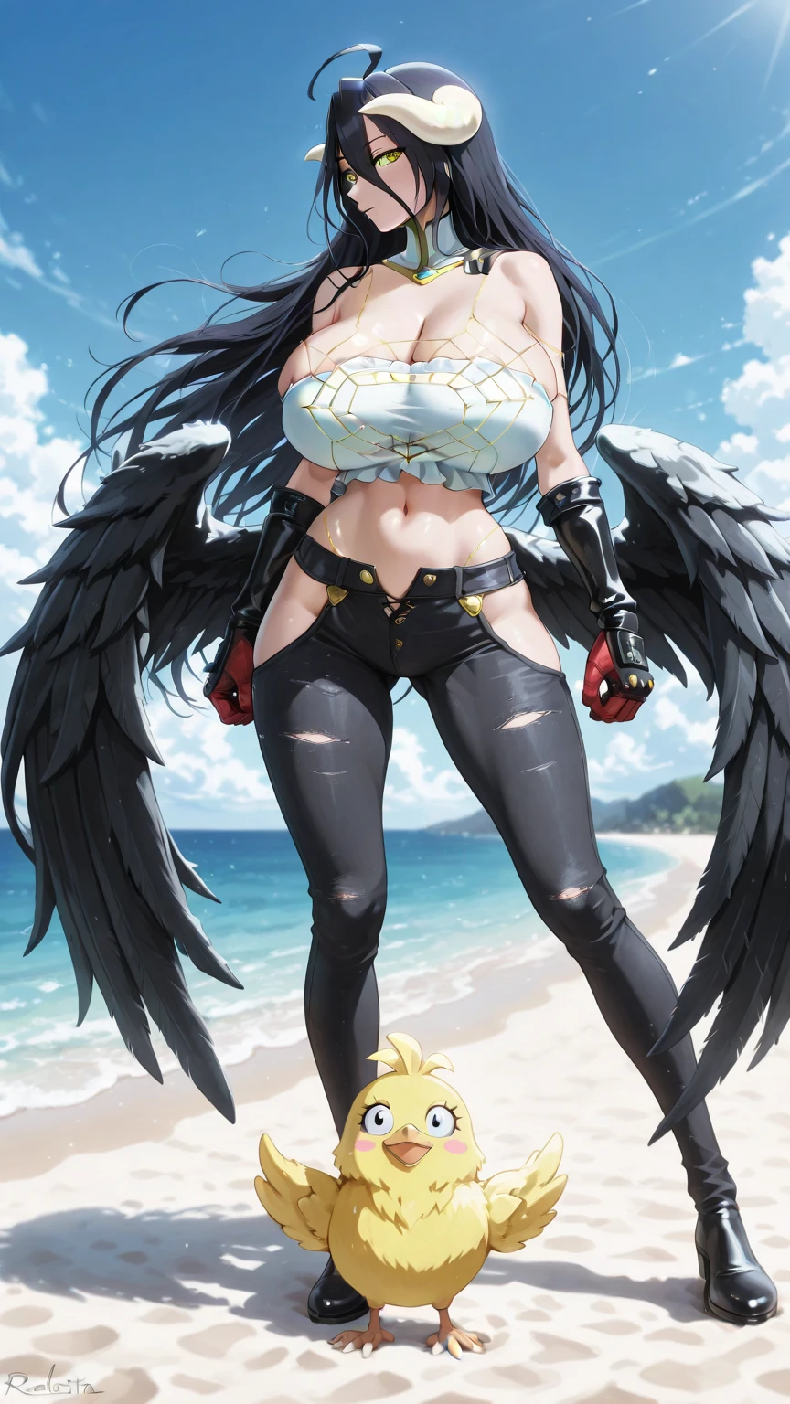 A chubby woman seen from the back, with a big ass, small breasts, and a huge phoenix tattooed on her back between her shoulder blades, not showing her face, and wears a pleated skirt.