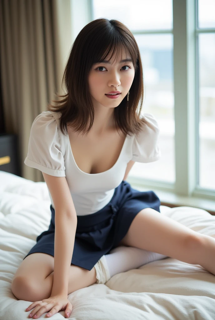 (skin blemish:1), (skindentation), black eye, 1women, 23yo, (((woman))), solo, realistic,  best quality, photorealistic, masterpiece, 8k, high res, solo, extremely detailed face,  (professional lighting, bokeh), (light particles, lens flare, glowing particles:0.6), (dynamic pose:1.2), soft lighting, top angle view, fashionable and trendy atmosphere, japan, kyoto ((morning)), ((looking at the viewer)), (looking at the camera),(portrait:0.6), gorgeous, kneeing, keep original facial proportion,  full body,  (small breast),  (medium hair), slim body,  long face,  (brown hair:1.5), floating hair, lips, lipstick, seductive smile, teeth, smile, nogizaka46, uniform,  <lora:IkutaE:0.7>