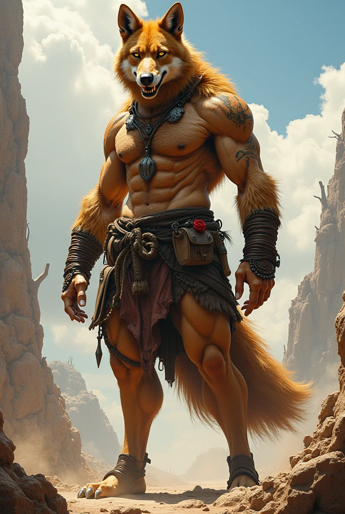 RedXIII (Final fantasy),male,adult,alone,4K,best quality,best quality,looking at the audience,,Topless,not wearing clothes,muscular,bare chest,furry tail,chest muscles,pink nipples, Six-pack abs, biceps, 弯曲biceps, anatomically correct,Delicate fur,pride,soft shadow,majestic,High quality eyes,brown eyes,Yellow pupils,Grandiose,brave,Loincloth,grassland,Blue sky and white clouds,sun
