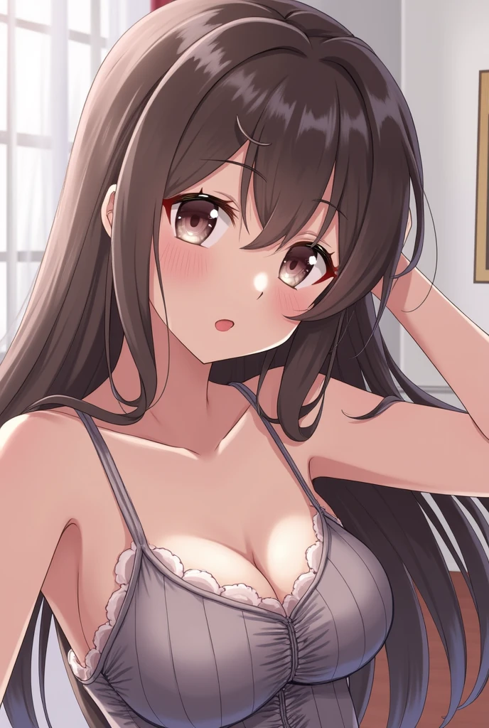 Highest quality, Soft Light, Ultra-high resolution,People Girls, alone, sexy, (Shy face), (Brown eyes), Beautiful face in every detail,(High resolution detail of human skin texture), (Long Hair), break, bed,sit,bra,(Fellatio gestures:1.3), (Open your mouth:1.2),tongue,White panties,Sweat