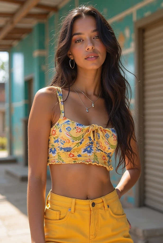 slim goddess standing in front of a graffiti wall, wearing a spaghetti strap crop top and shorts, exposing her navel, photorealistic, 85mm lens, f/1.4, golden hour lighting, cinematic composition, high detail, vibrant colors