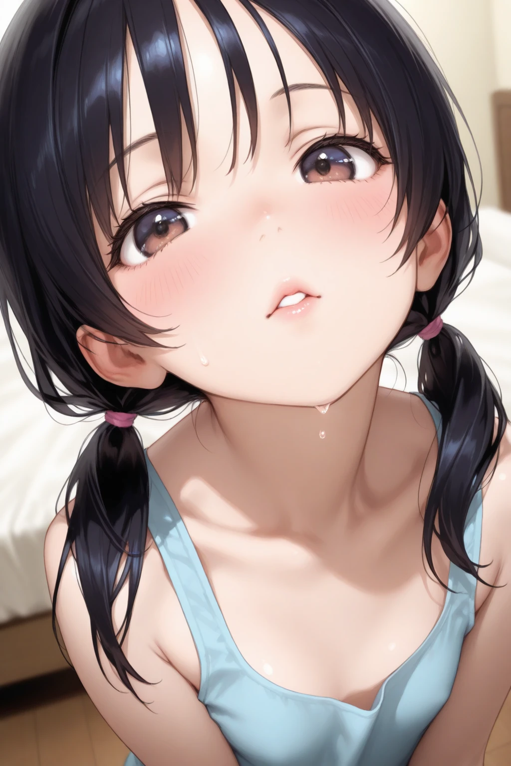 front view,1girl,Beautiful girl at 13 years old,Japanese,Slender,small breasts,Baby Face,Small face,Black Hair,Row Twin Tails,Gray Eyes,Drooping eyes,middle School girls,Sheer black and pink negligee,lingerie,open mouth,tongue out,front face,kneel,Hands Behind Back,Put your chin forward,Beautiful and detailed anime art,Sad look,front view,high angle, looking at viewer, looking ahead, from above,face focus,Sexy vibe,cum on tongue,Dimly lit room,Beautiful room,On the bed,blurry background