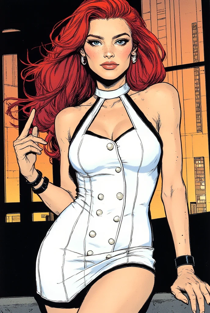 closeup, A high-fashion shoot in an abandoned morgue, where a woman in a vinyl trench coat, lace bodysuit, and blood-red lipstick poses between steel drawers, her hair wrapped in barbed wire twisted into roses.,
detailed background, intricate, Anime and Manga,
Masterpiece, Multifaceted detail,