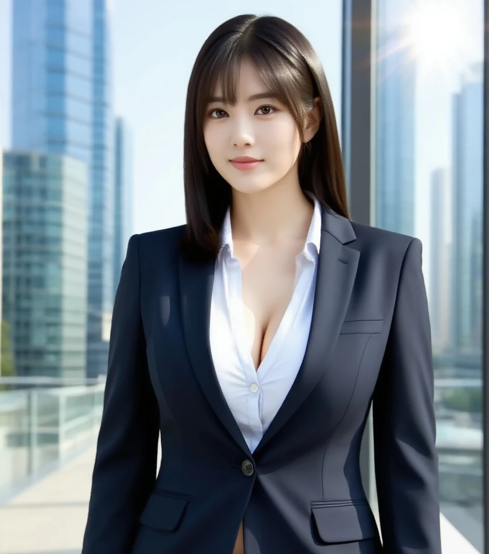 Masutepiece, Best Quality, Photorealistic, Ultra-detailed, finely detail, High resolution, 8K Wallpaper, 1 beautiful woman,, light brown messy hair, in a business suit, big breasts, foco nítido, Perfect dynamic composition, Beautiful detailed eyes, detailed hairs, Detailed realistic skin texture, Smiling, Waist up portrait, Model body type,