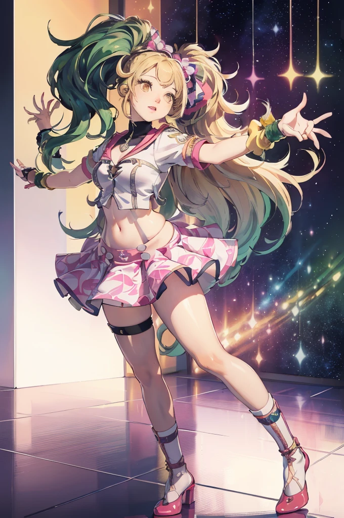 1 girl, (gyaru), [ganguro], long blonde hair, dark skinned girl, curly hair, light blue eyes, eye shadow (neon green), neon green lipstick, neon yellow nail polish, big breasts, [huge breasts], only bikini top (micro), white coat, open coat, black sailor collar, [miniskirt], pencil skirt, (high waist skirt: 1.5), (puffy leg warmers), sports shoes, (platform sports shoes) and high heels, wide beaded bracelets, female warrior, weapon, [mace], (holding) a translucent red (lollipop mace: 1.0) in her right hand), buckler, (on her left arm a mint candy buckler: 1.0), standing, legs spread,