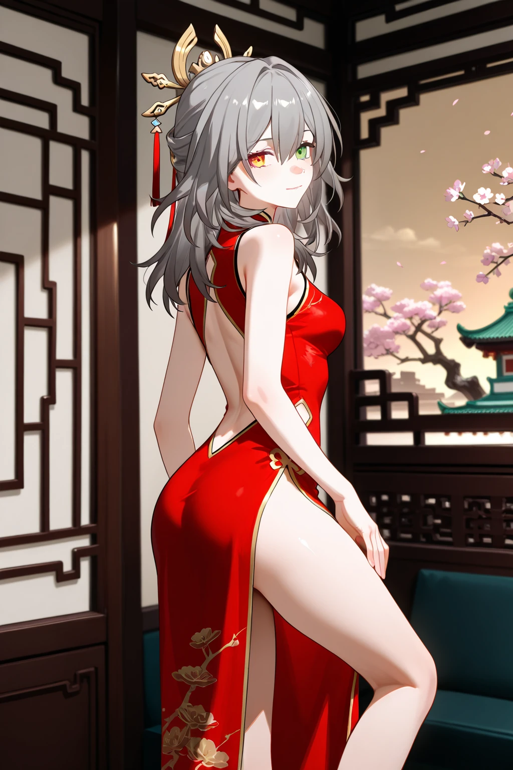 (masterpiece, best quality:1.2), <lora:StrengthMda-000009:0.9>, strengthmda, thick thighs, chinese clothes, china dress, from side,