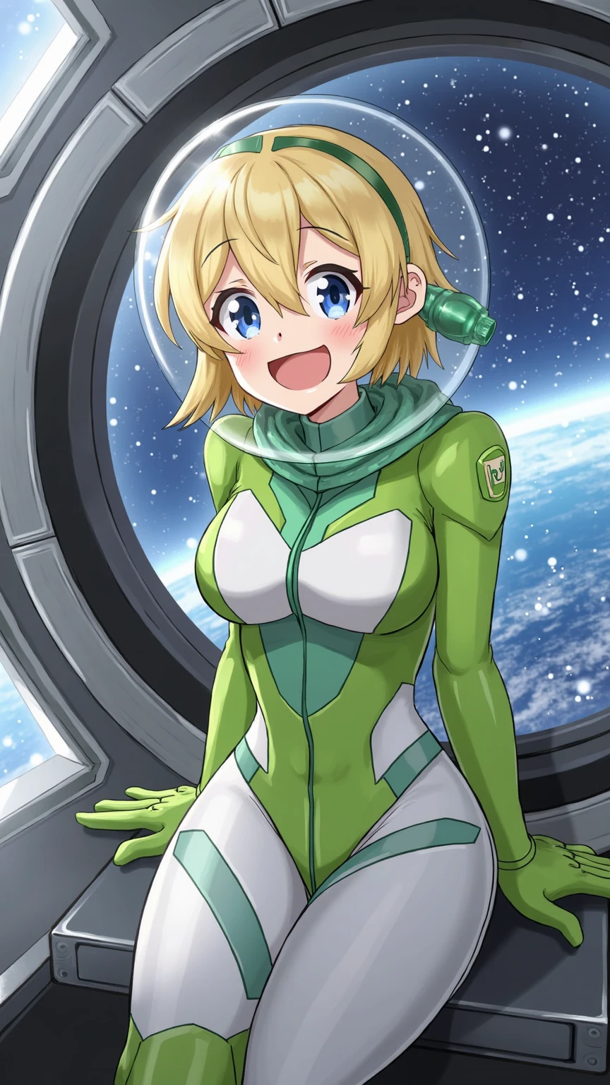 MagicKnight,blue eyes,large breasts, short orange hair,pointy ears,solo , standing, hands on hips, smiling upper body,
MKAttire,thighhighs,white footwear,pelvic curtain ,belt ,ascot, brooch, green and whit shirt, long sleeves, leotard,
platform, space, stars, milkyways,
(insanely detailed, beautiful detailed face, masterpiece, best quality)
<lora:MagicKnight-10v3:0.7>