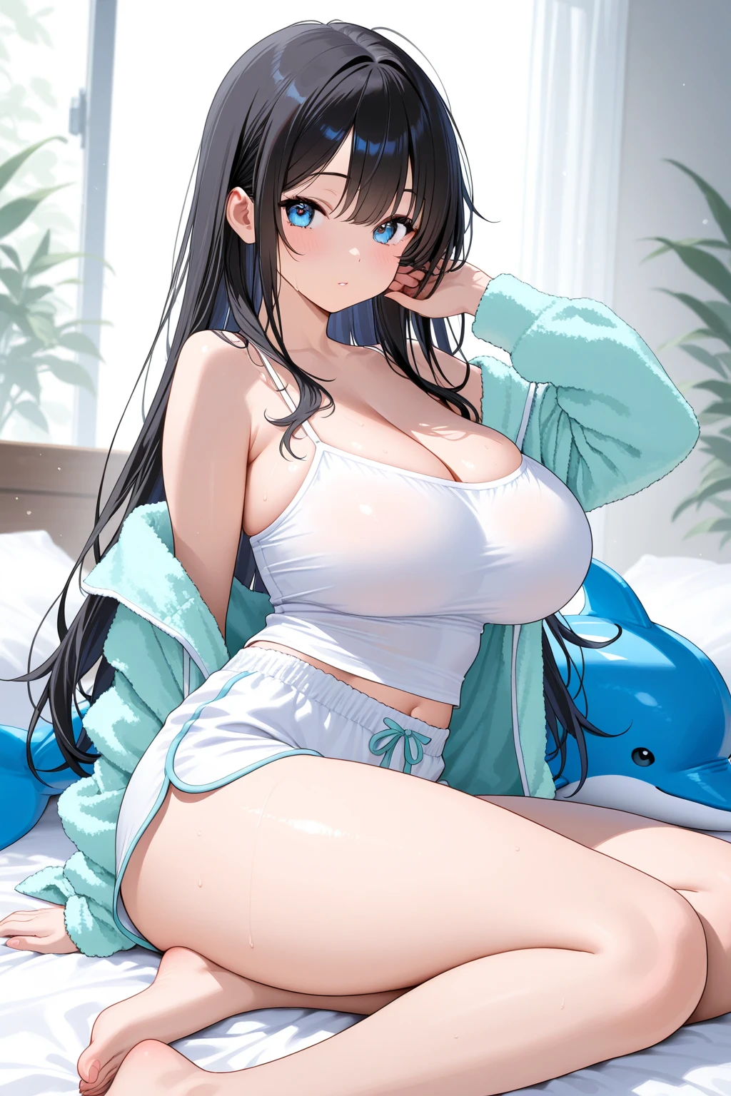(masterpiece、Highest quality、Very detailed))、One Girl、Black Hair、short hair、Twin tails、Blunt bangs、Wavy Hair、Grey Eyes、((Open your mouth))、((Cum on tongue))、((Lots of earrings))、((Very large breasts))、((navy blue school swimsuit, side White line))、Cleavage、Off the shoulder、((Thick waist))、Thighs、Kneel、On the bed、Bedroom Background、Sideboob、はみ出したおっぱい