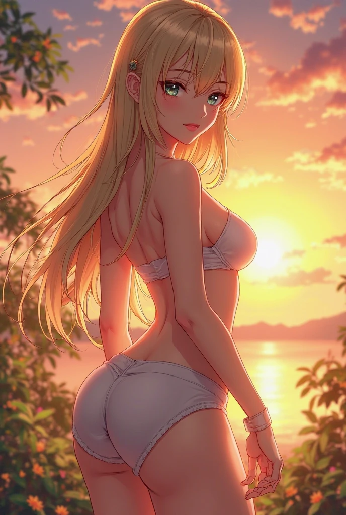 nsfw:1.6, Top quality:1.2, best quality:1.6, ultra high resolution, masterpiece:1.5 ,4K, 8K, 32K, detailed lighting, shaders, perfect anatomy, perfect proportions, highly detailed, ultra detailed, super detailed:1.2, perfect eyes, perfect face, very delicate and beautiful, illustration, sharp focus, very beautiful and detailed anime face, very detailed eyes, cute:1.4, impressionistic:1.2, blurred background,
BREAK
1 woman, (Beautiful busty woman in her 20s:1.3),(dark skin:1.6), (Perfect proportions: 1.6), (Small pink areolas:1.4), (Pointy upward nipples:1.2),(Full and beautiful breasts: 1.7), (Perky breasts: 1.7), (Thin waist: 1.2), (Slender figure: 1.2), (beautiful buttocks:1.4),
BREAK
(Beautiful blonde hair: 1.6),(Semi long straight hair:1.2), (Bangs swept to the side, showing forehead: 1.5),
BREAK
(Happy smile:1.2), (embarrassed), (blush)
BREAK
(white short hot pants:1.3), BREAK (sleeveless tight black T-shirts:1.3), (A short T-shirt that reveals her chest:1.4) BREAK (shirt lift, revealing her breasts and nipples:1.7), (topless:1.7), (White choker:1.4) (Necklace, bracelet, anklet: 1.4),
BREAK
(armpit), (looking viewer)
BREAK
(Cowboy shot:1.4), (back view:1.3),
BREAK
(Beautiful beach), (Sandy beach:1.3), (peer), (yacht), (pink sky:1.3), (palm trees), (real depiction of water surface)